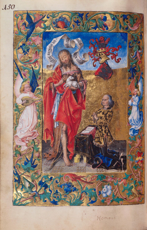 Meister des Bartholomäusaltars (tätig um 1470 – um 1510): Geschmückte Textseite mit Initiale H aus dem Stundenbuch der Sophia von Bylant. Deckfarben und Gold, auf Pergament, Blattgröße 23,2 x 16,5 cm.  Erworben 1960 mit Hilfe von Spenden der Bundesregierung, des Landes Nordrhein-Westfalen, des Landschaftsverbandes und von 132 Industrie- und Handelsfirmen, Banken und Versicherungen. Inv. Nr. WRM 1961/32 M 232