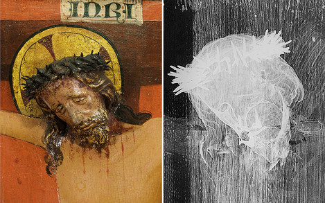 Detail und Röntgenaufnahme: Kölnisch, Christus am Kreuz zwischen Maria und Johannes, um 1425/30, Eichenholz, Wallraf-Richartz-Museum & Fondation Corboud, WRM 0057.