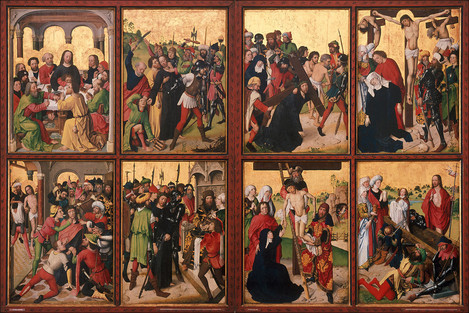 Meister der Lyversberg-Passion (tätig in Köln um 1460 – 1490): Zwei Flügel eines Triptychons, um 1464 – 1466. Eichenholz, jede Szene 92 x 97 cm. Erworben 1864 mit Mitteln des Richartz-Fonds. WRM 0143 – 0150. Foto: Rheinisches Bildarchiv Köln