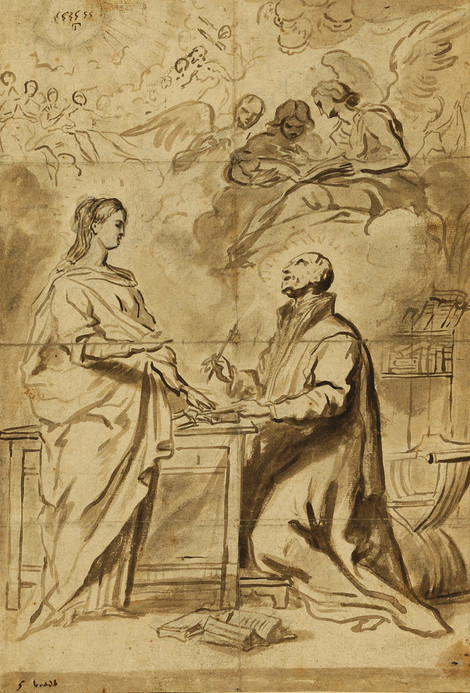 Gerard Seghers, (Antwerpen 1591 – 1651 Antwerpen), Die Hl. Jungfrau diktiert dem Hl. Ignatius die Regeln der Jesuiten, Pinsel, Graphische Sammlung, Wallraf-Richartz-Museum