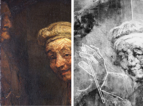 Auflicht- und Röntgenaufnahme aus Rembrandts Selbstbildnis als Zeuxis, 1662/63, Köln, Wallraf-Richartz-Museum & Fondation Corboud