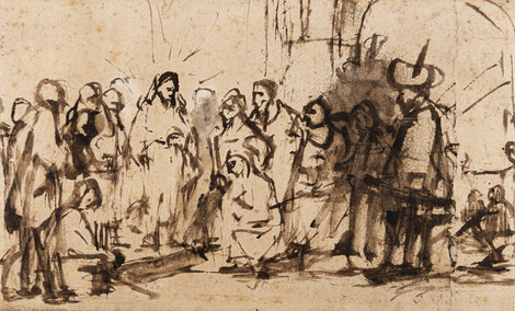 Rembrandt, Christ and the Woman Taken in Adultery, c. 1657/59, Reed pen and brush and iron-gall ink, deletions with the brush and opaque white, on laid paper. Wallraf-Richartz-Museum & Fondation Corboud, Köln, Graphische Sammlung, © Photo: Thomas Klinke, Wallraf-Richartz-Museum