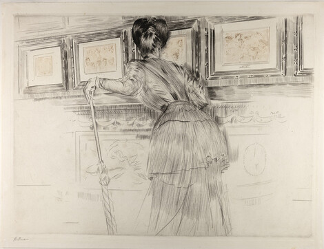 Paul César Helleu (1859–1927), Madame Helleu devant les Watteau au musée du Louvre, um 1896, Kaltnadel, Wallraf-Richartz-Museum & Fondation Corboud, Graphische Sammlung