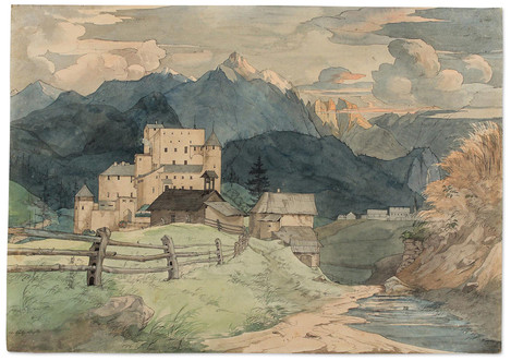 Ernst Ferdinand Oehme (Dresden 1797–1855 Dresden): Naudersberg Castle in Tyrol,  watercolour over pencil and ink on vergé paper, 23.6 x 33.5 cm. Acquired in 1933, WRM 1933/35?