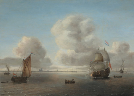 Willem Hermansz. van Diest, Schiffe und Boote vor der Küste von Dordrecht, 1650er Jahre, Öl auf Eichenholz, Privatsammlung, Köln