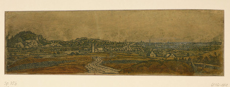 Hercules Segers, Sicht auf Wagningen, vor 1638, Radierung, überarbeitet mit grüner Deckfarbe und Aquarellfarbe, Staatliche Museen zu Berlin, Kupferstichkabinett
