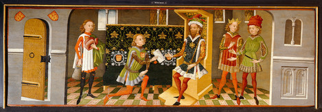 Cologne, c. 1455 – 1460: Legend of St Ursula; The heathen king sends envoys asking for her hand in marriage. Softwood, 54 x 89 - 248 cm. Collection of Ferdinand Franz Wallraf. WRM 0710. FotoPhoto Rheinisches Bildarchiv Köln