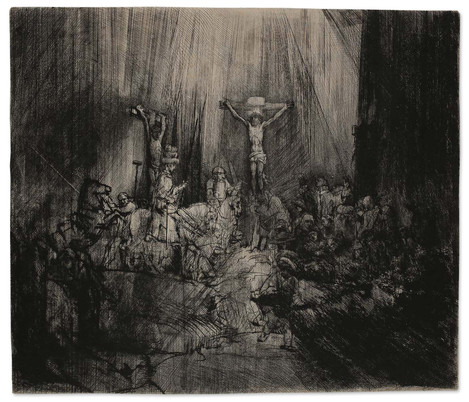 Rembrandt Harmensz. van Rijn (Leiden 1606 – 1669 Amsterdam): Die drei Kreuze, 1. Hälfte 17. Jh., Kaltnadelredierung und Grabstichel auf Vergé, 38,5 x 45 cm. Erworben 1938, WRM 1938-64