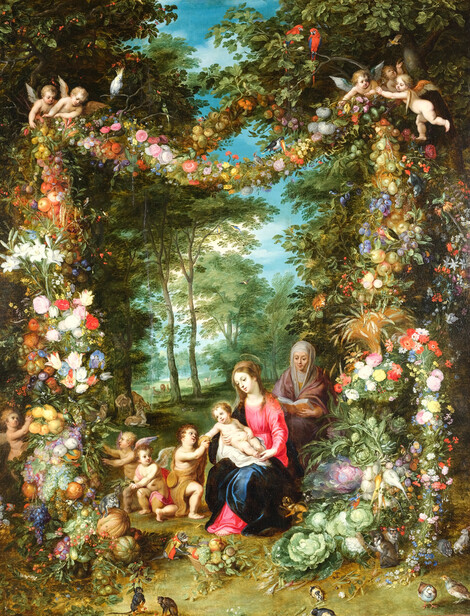 Jan Brueghel d.Ä., Hendrik van Balen, Blumen und Fruchtgirlande mit Maria und dem Kind, Öl auf Holz, Privatsammlung