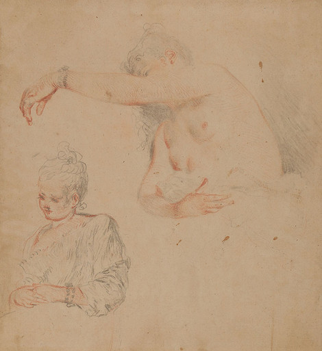 Female Nude and Study of a Woman, counterproof of a drawing by Antoine Watteau (1684-1721), red chalk and black chalk, Wallraf-Richartz-Museum & Fondation Corboud