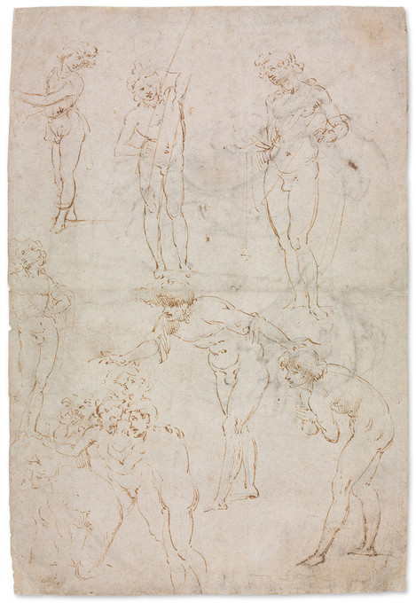 Leonardo da Vinci (Vinci bei Empoli 1452 – 1519 Schloß Cloux bei Amboise): Figurenstudie zur Anbetung der Könige, um 1500, Feder in brauner Tinte auf weißem Vergé, 27,3 x 17,6 cm. Alter Bestand, WRM Z 2003 (recto)