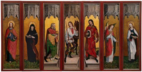 Master of the Legend of St George (active in Cologne, c.  1460 – 1490): Panels from a Polyptych, c. 1485. Oak, 172 x 39 cm (each panel). Collection of Ferdinand Franz Wallraf. WRM 0129 – 0135. Photo: Rheinisches Bildarchiv