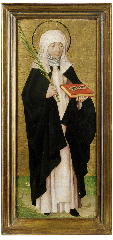 Franconian (Master of the Pink?): St Odilia of Hohenburg, 1480 – 1490. Softwood, 104.5 x 57 cm. Acquired as a loan from the Rudolf Siedersleben'schen Otto Wolff-Stiftung. WRM Dep. 0621. Photo: Rheinisches Bildarchiv Köln